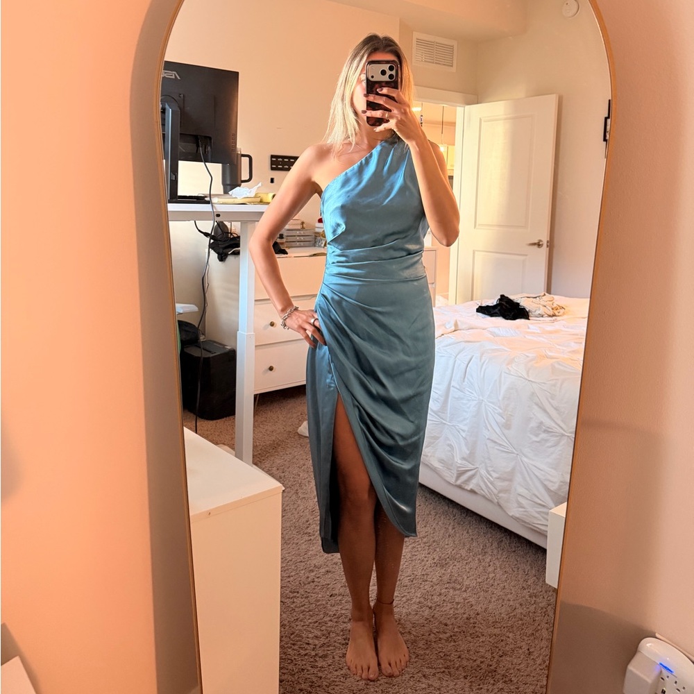Elliatt One-Shoulder Satin Dress in Blue
